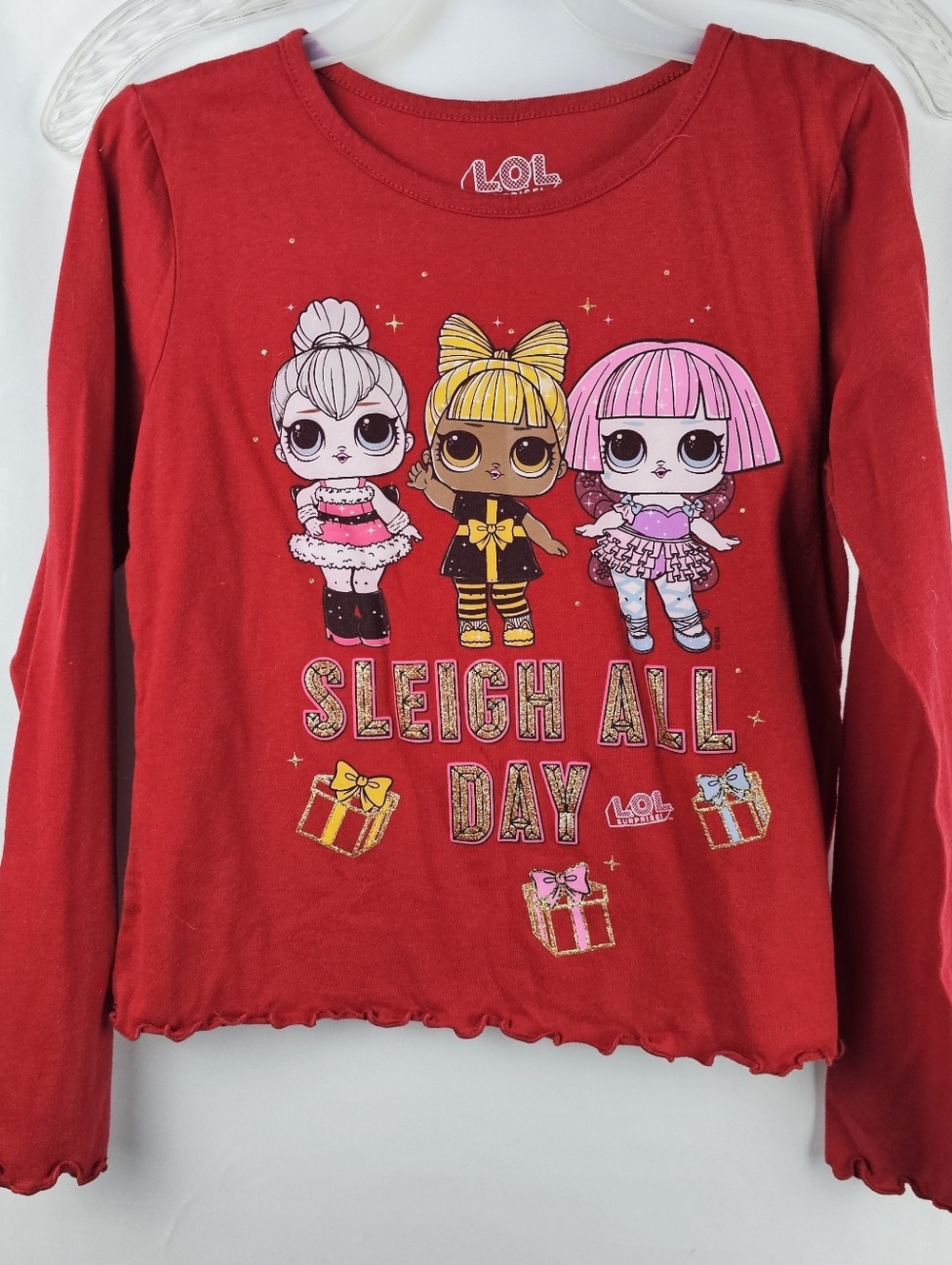 L.O.L. Surprise! Dolls Red Christmas Long Sleeve Graphic T-Shirt Girls Lg Ruffle